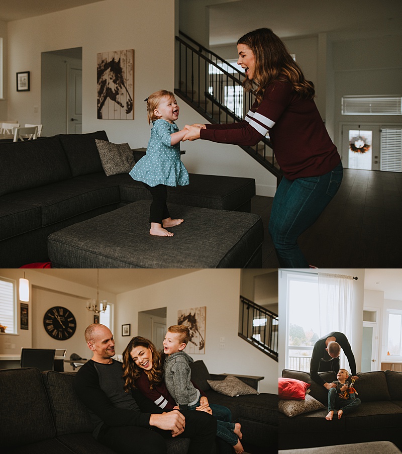 Parents playing with their childrenn during a Documentary style in-home family session in Maple ridge. 