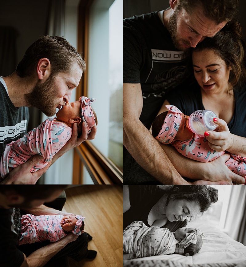 mom and dad welcoming their brand new baby girl during our Vancouver newborn photography session