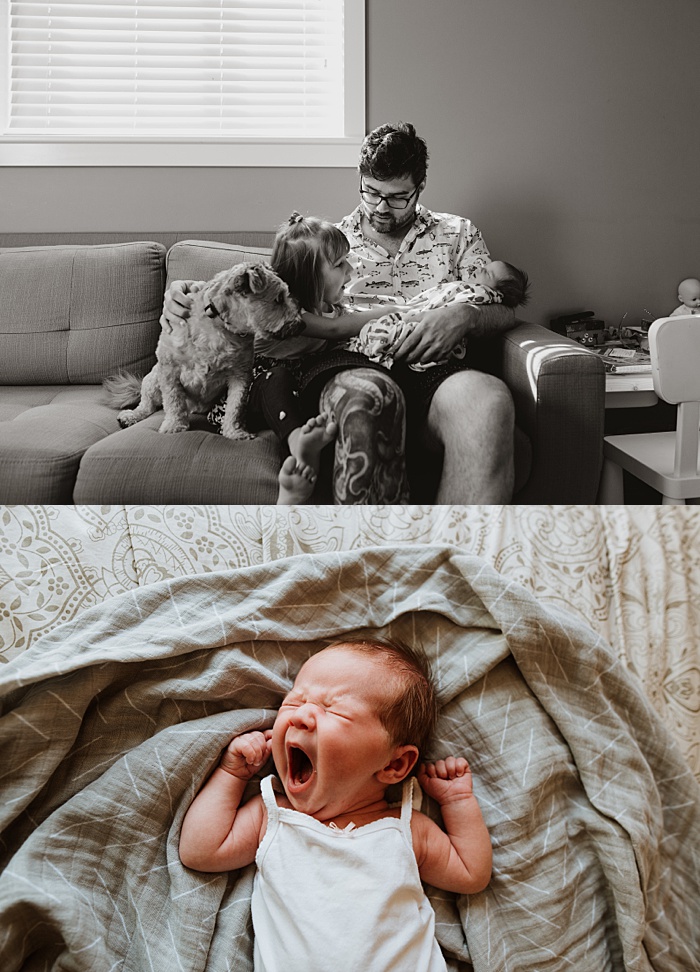Family welcoming their newborn baby during their lifestyle newborn session.