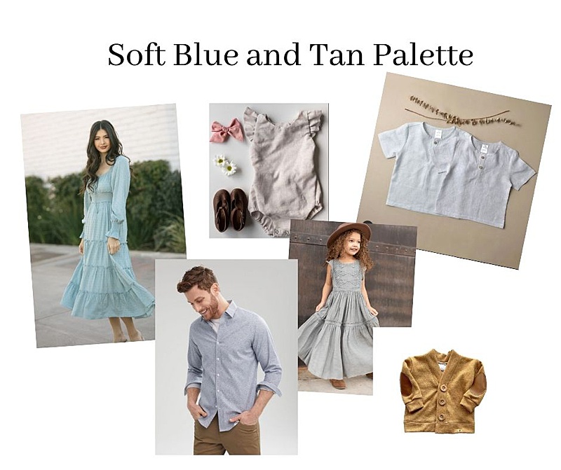 soft blue and tan colour palette for family outfits