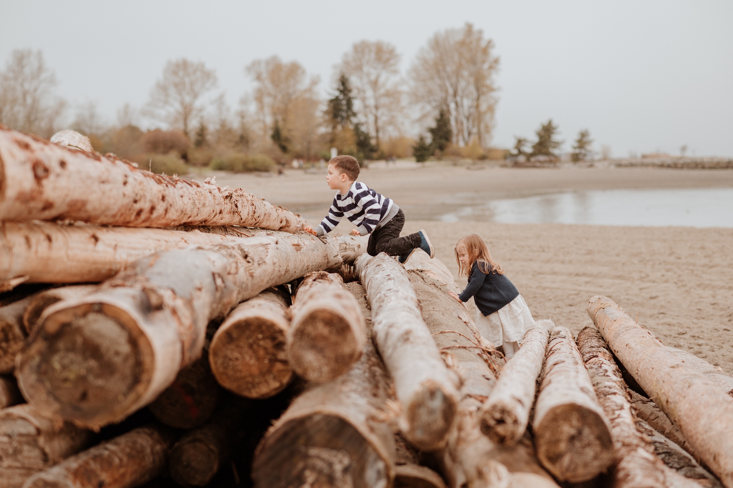 Toddler brother and sister climb a pile of logs on a beach while staying at kid friendly hotels vancouver