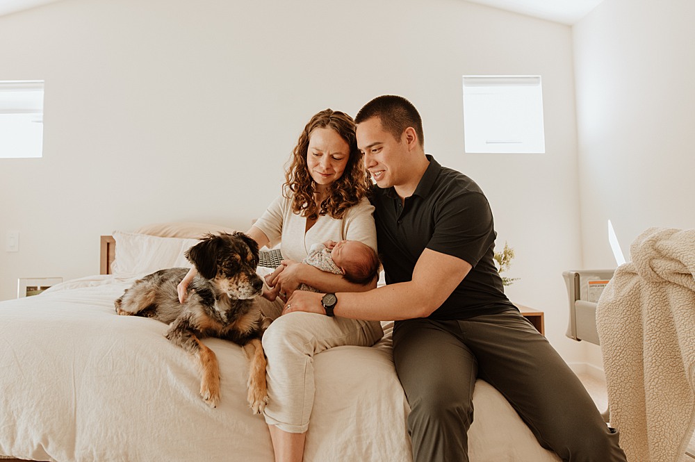 Happy new parents sit on a bed with their puppy and newborn baby sleeping in mom's arms thanks to mamamilk