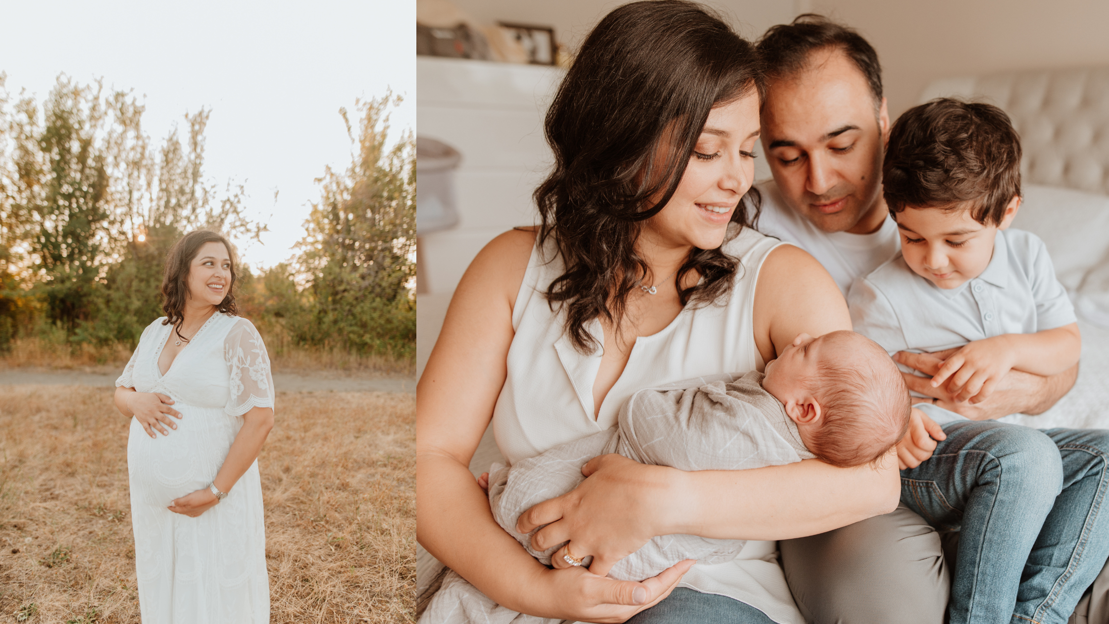 pregnant mom posing in field for maternity session next to family photo when baby is born