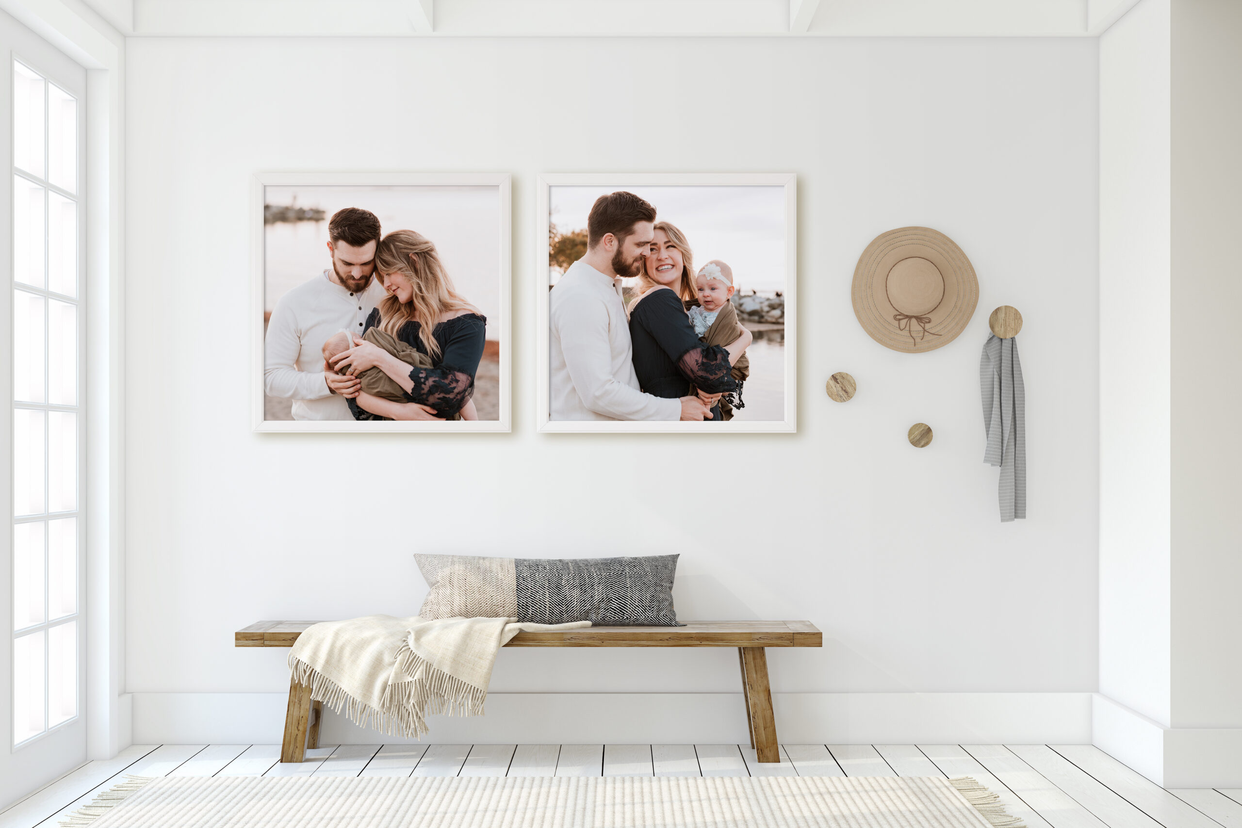 Family photo series hung in entry way