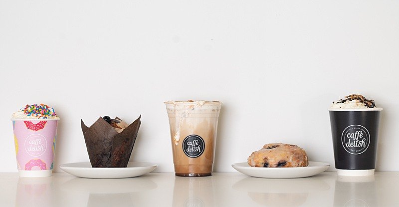 photo of baked goods and coffees lined up